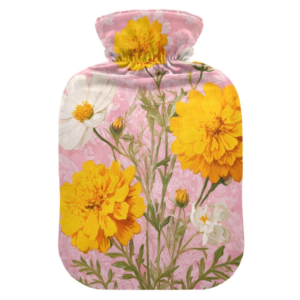 OTVEE Chrysanthemumon Elegant Floral Hot Water Bottle with Cover, BPA Free PVC 1L Small Hot Water Bag for Pain Relief Menstrual Cramp Sore Muscles Hot and Cold Compress Therapy