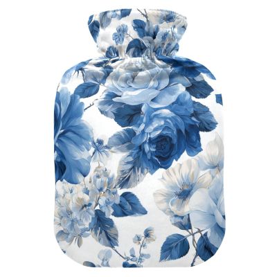 OTVEE White Blue Flowers Leaves Hot Water Bottle with Cover, BPA Free PVC 1L Small Hot Water Bag for Pain Relief Menstrual Cramp Sore Muscles Hot and Cold Compress Therapy