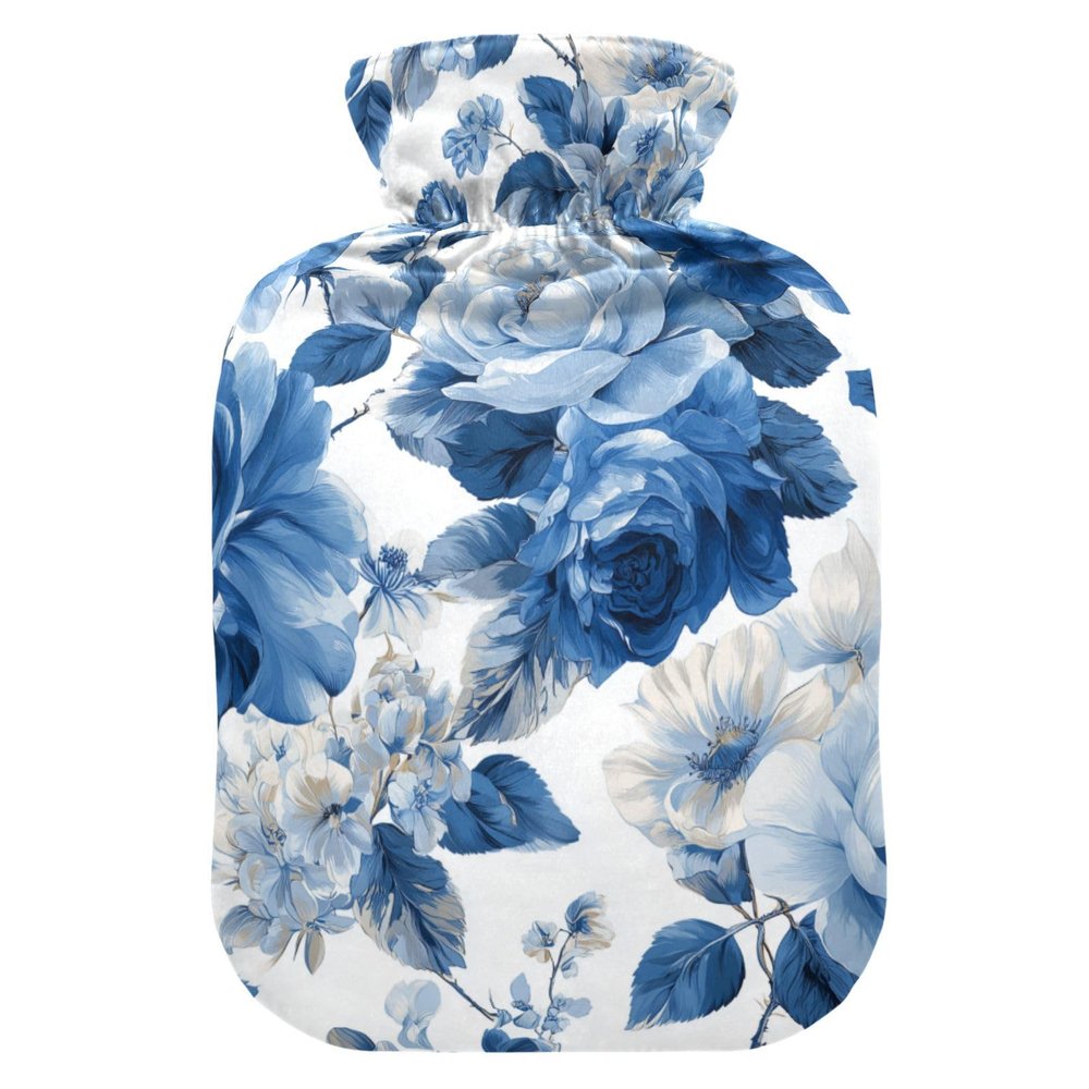 OTVEE White Blue Flowers Leaves Hot Water Bottle with Cover, BPA Free PVC 1L Small Hot Water Bag for Pain Relief Menstrual Cramp Sore Muscles Hot and Cold Compress Therapy