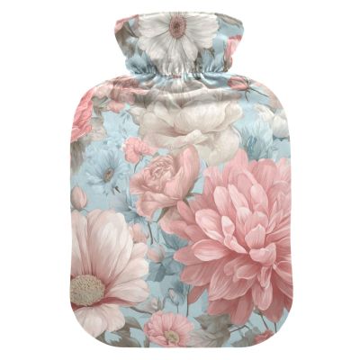 OTVEE Blush Blooms on Blue Hot Water Bottle with Cover, BPA Free PVC 1L Small Hot Water Bag for Pain Relief Menstrual Cramp Sore Muscles Hot and Cold Compress Therapy