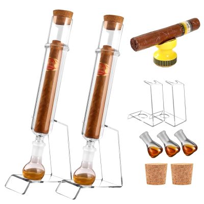 2 PCAK Handmade Glass Cigar Humidor Tubes with Caps & Clear Display Stand Straight Pipe, Ball Base, Wooden Plug Set Airtight Travel Case for Aging Humidity Control and Flavor Mellowing cigar infuser