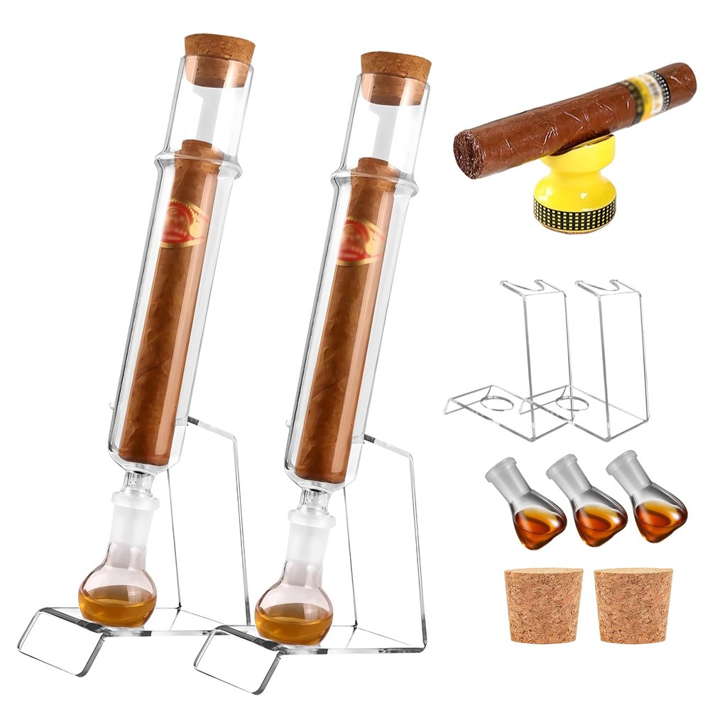 2 PCAK Handmade Glass Cigar Humidor Tubes with Caps & Clear Display Stand Straight Pipe, Ball Base, Wooden Plug Set Airtight Travel Case for Aging Humidity Control and Flavor Mellowing cigar infuser