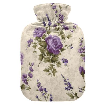 OTVEE Purple Floral Pattern Hot Water Bottle with Cover, BPA Free PVC 1L Small Hot Water Bag for Pain Relief Menstrual Cramp Sore Muscles Hot and Cold Compress Therapy