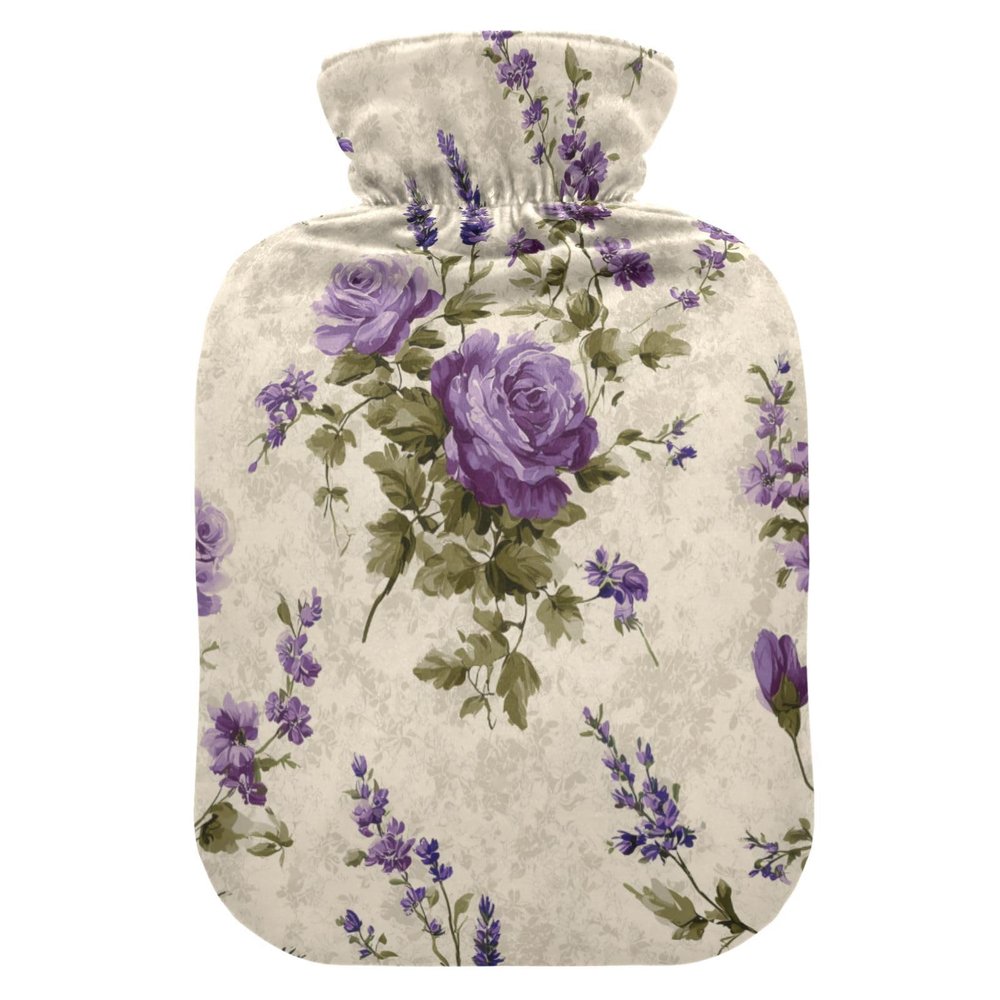 OTVEE Purple Floral Pattern Hot Water Bottle with Cover, BPA Free PVC 1L Small Hot Water Bag for Pain Relief Menstrual Cramp Sore Muscles Hot and Cold Compress Therapy
