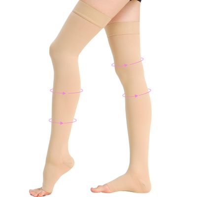 20-30 mmHg Thigh High Compression Stockings for Women, Open Toe with Stay-Up Dot-Top - Relief for Varicose Veins, DVT, Swelling, Pregnancy & Travel, Beige, X-Large