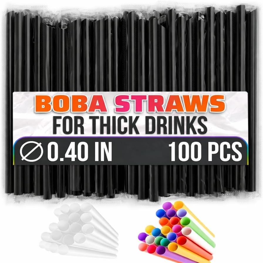 100 Pcs Black Wide Smoothie Straws Boba Straws Individually Wrapped for Milkshakes, Bubble Tea & Ice Lattes Suitable for Cold & Hot Drinks, Large Pack for Quick & Easy Serving