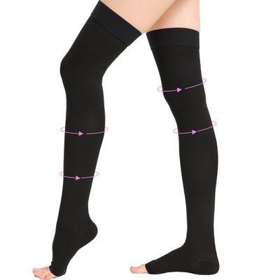20-30 mmHg Thigh High Compression Stockings for Women, Open Toe with Stay-Up Dot-Top - Relief for Varicose Veins, DVT, Swelling, Pregnancy & Travel, Black, 2X-Large