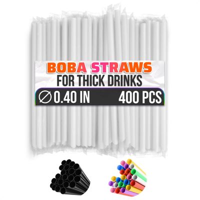 400 Pcs Clear Plastic Smoothie Straws 9.4"x0.4" Thick Wide Jumbo Boba Straws, Boba Tea, Milkshakes & Frozen Drinks Angled Tips, Individually Wrapped, Cut-to-Size, Strong Disposable Milkshake Straw