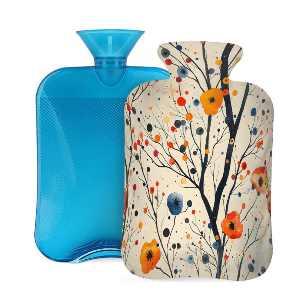 Hot Water Bottle with Cover, Abstract Graffiti Plants Flowers 2L Hot Water Bag for Hot/Cold Compress, Hand Feet Warmer, Menstrual Cramps, Neck and Shoulder Pain Relief