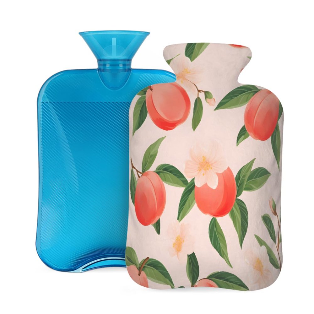 Hot Water Bottle with Cover, Red Pink Peach Flower 2L Hot Water Bag for Hot/Cold Compress, Hand Feet Warmer, Menstrual Cramps, Neck and Shoulder Pain Relief