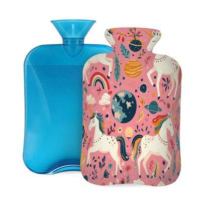 Hot Water Bottle with Cover, Cartoon Unicorn Planets Pink 2L Hot Water Bag for Hot/Cold Compress, Hand Feet Warmer, Menstrual Cramps, Neck and Shoulder Pain Relief
