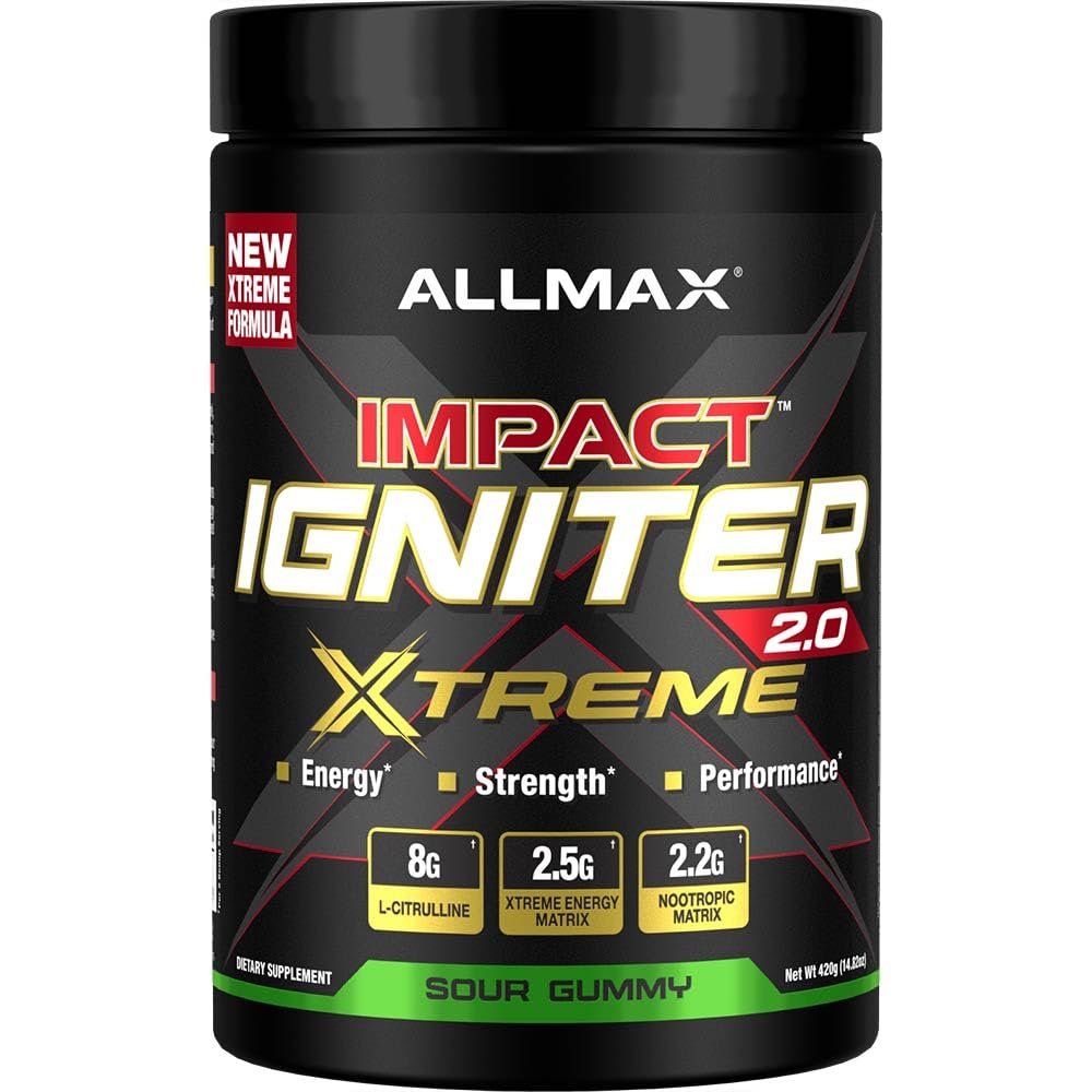 ALLMAX Impact Igniter Xtreme 2.0 High Stim Pre Workout Powder | WATTS'UP | 8000mg Citrulline | Nootropic | 30 Servings (Sour Gummy)