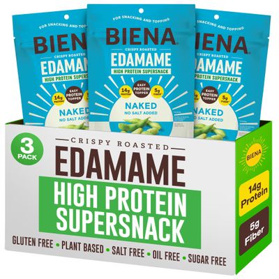 Biena Edamame Beans Snack (Naked - No Salt) - Sugar/Oil/Salt Free - Crunchy Roasted Edamame - Low Sodium High Protein Snacks - 14g Protein per Serving - Vegan, Low Carb, Gluten-Free - 3-Pk 4.75oz Bags
