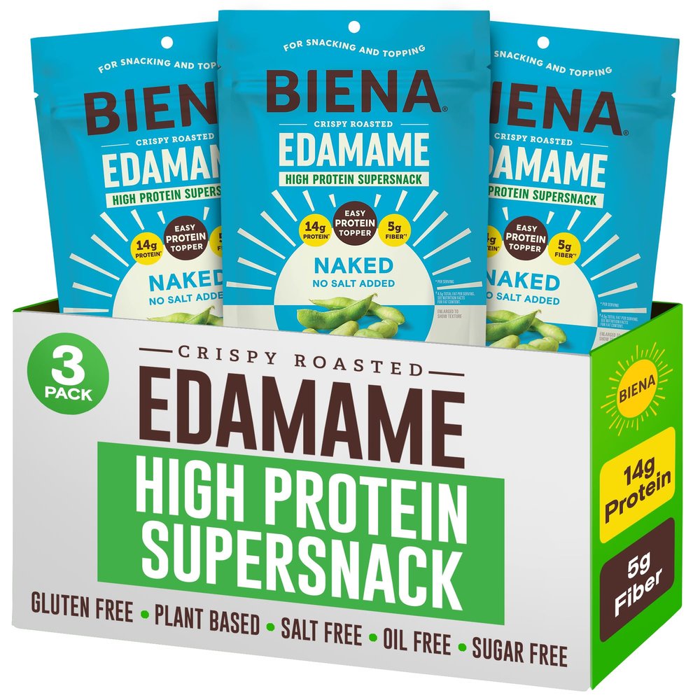 Biena Edamame Beans Snack (Naked - No Salt) - Sugar/Oil/Salt Free - Crunchy Roasted Edamame - Low Sodium High Protein Snacks - 14g Protein per Serving - Vegan, Low Carb, Gluten-Free - 3-Pk 4.75oz Bags