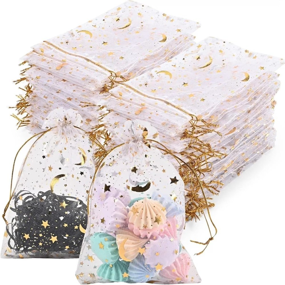 100 Pink Organza Bags 4x5.4-inch Small Mesh Gift Bags Drawstring Candy Bags Moon & Star Jewelry Bags Ideal for Wedding Parties, Christmas Favors, Candy Bags Gift Packaging Supplies