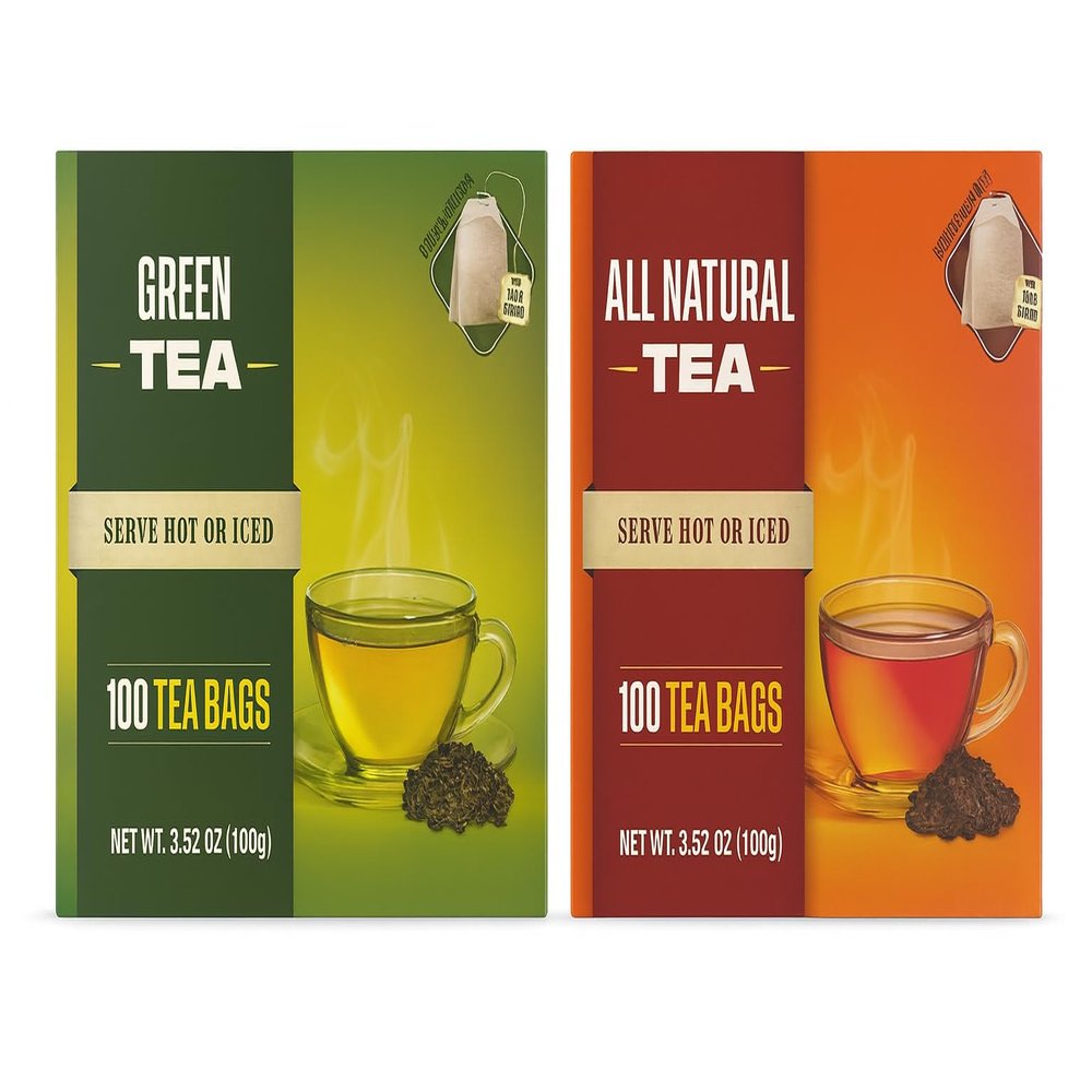All Natural and Green Tea 1Box Each Hot or Iced Tea Bags, 200 Count (100 Each), 3.52 oz Boxes