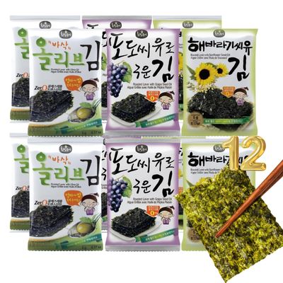 Korean Food Mixed Roasted Seaweed Snack Set, 12 Count (0.17 oz Each) Olive Grape Seed Sunflower Oil Laver Keto Vegan Gluten-Free On-The-Go Korean Nori Snack