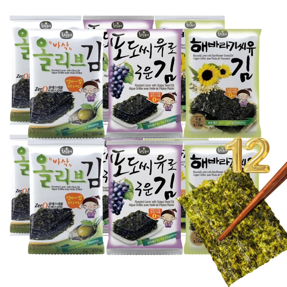 Korean Food Mixed Roasted Seaweed Snack Set, 12 Count (0.17 oz Each) Olive Grape Seed Sunflower Oil Laver Keto Vegan Gluten-Free On-The-Go Korean Nori Snack