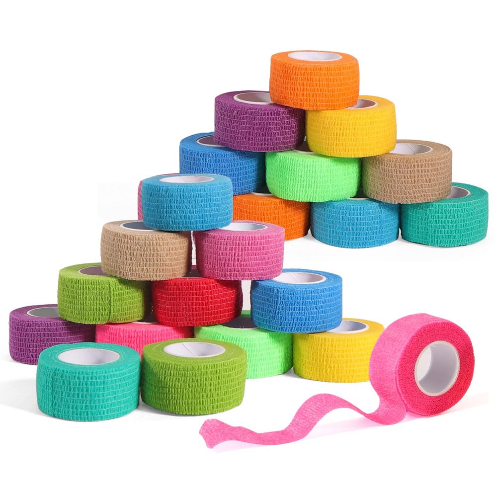 24 Pack Self Adhesive Bandage Wrap, 2 x 5 Yards Cohesive Medical Tape Elastic Grip Tape Black Sports Tape Athletic for Ankle, Wrist Sprains, Pet First Aid (Multi-Color, 1 Inch)