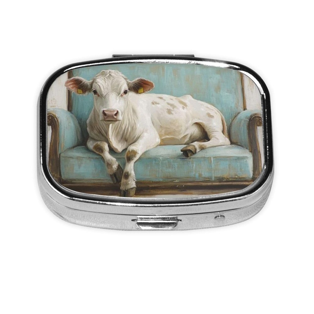 White Cow Lying On Couch Rustic Farmhouse Pill Box Square Metal Pill Case with 2 Compartment Travel Pill Organizer for Vitamins Medication
