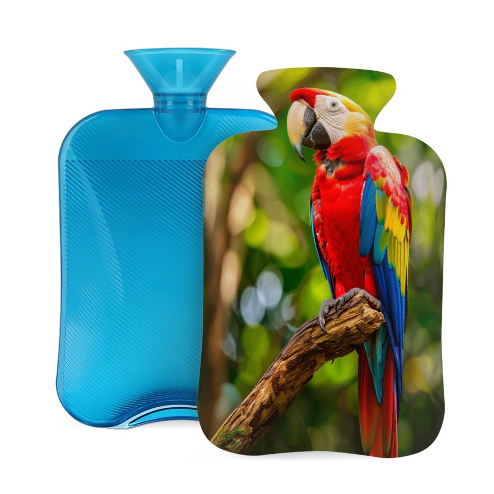 Hot Water Bottle with Cover, Tropical Bird Parrot Macaw 2L Hot Water Bag for Hot/Cold Compress, Hand Feet Warmer, Menstrual Cramps, Neck and Shoulder Pain Relief