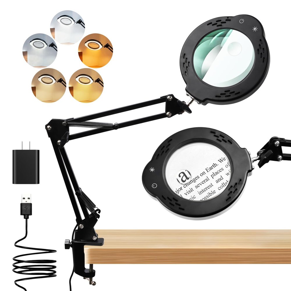 10X 30X Magnifying Glass with Light, Desktop LED Magnifying Lamp with Clamp, 5 Color Modes, 10 Dimmable Levels Lighted Magnifying Glass, Magnifying Glass for Reading, Crafts, Jewelry, Sewing