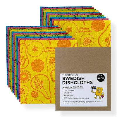 Original Swedish Dishcloths 20 Pack Reusable Cellulose Sponge Cloths | Made in Sweden | Eco-Friendly, Absorbent Dish Rags for Kitchen, Counters & Household Cleaning