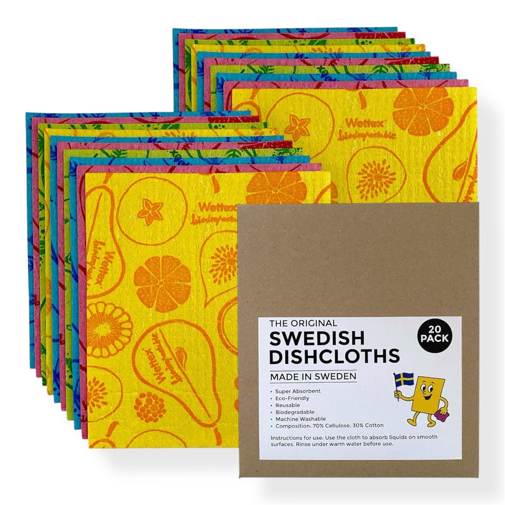 Original Swedish Dishcloths 20 Pack Reusable Cellulose Sponge Cloths | Made in Sweden | Eco-Friendly, Absorbent Dish Rags for Kitchen, Counters & Household Cleaning