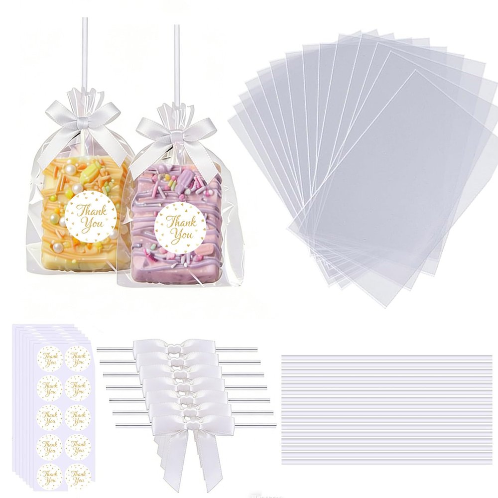 100PCS Clear Rice Krispie Treat Bags with Ribbon Bow and Thank You Stickers, Flat Cellophane Bags for Individually Wrapped Cake Pops, Cakesicles,Candies, Chocolates, Marshmallow, Macarons, Cookies(White)