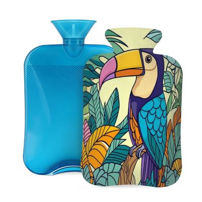 Hot Water Bottle with Cover, Cartoon Bird Toucan Jungle 2L Hot Water Bag for Hot/Cold Compress, Hand Feet Warmer, Menstrual Cramps, Neck and Shoulder Pain Relief