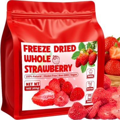 16oz Freeze Dried Whole Strawberries - Lightly Sweetened, Crunchy Fruit for Yogurt, Baking, Oatmeal & Dessert, Bulk Natural Dried Strawberries with Sugar for Kids, Travel Snacking