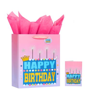 Powbrace 13" Pink Happy Birthday Bag with Tissue Paper and Greeting Card for Party, Happy Birthday Gift Bag for Girls, Kids, Women,Gift Bags Medium size(1 PCS Pink, Gift Bag)