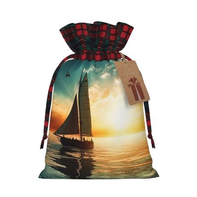 BWLHJKE Boat on The Ocean Christmas Gift Bag Burlap Xmas Drawstring Gift Sack with Tag & Tie, Buffalo Plaid Christmas Bags for Gifts, Reusable Gift Wrapping Bag Holiday Party Favors