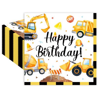 50 Count Construction Birthday Napkins 13 x 13 Inch 2-Ply Disposable Lunch Napkins with Excavator, Truck, and Cement Mixer Designs for Kids Birthday Parties and Construction-Themed Events