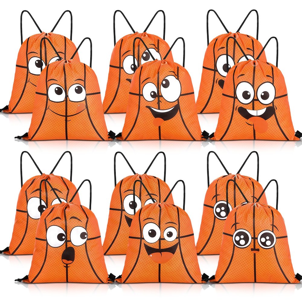 Sunnymove 12 Pcs Funny Sports Drawstring Bags Sports 15.8 x 13.3 Inch Drawstring String Backpack with Cute Expression Theme Party Goodie Favor Bags for Party Supplies Teams Gift(Basketball)
