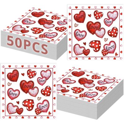50 Count Valentines Day Napkins 13 x 13 Inch 2-Ply Disposable Lunch Napkins with Red and Pink Love Heart Design for Valentines Parties, Weddings, Anniversaries, and Romantic Dinners