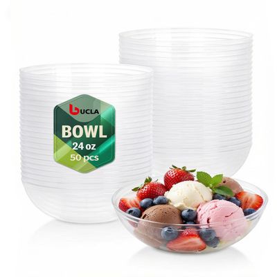 bUCLA 50 Pack Clear Plastic Serving Bowls - 24oz Disposable Salads, Cereal, Fruit, Dessert & Soup Bowls for Wedding & Party