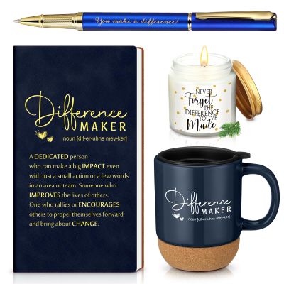 4 Pcs Difference Maker Gift Set Mug Notebook Candle Pen, Navy Blue, Word