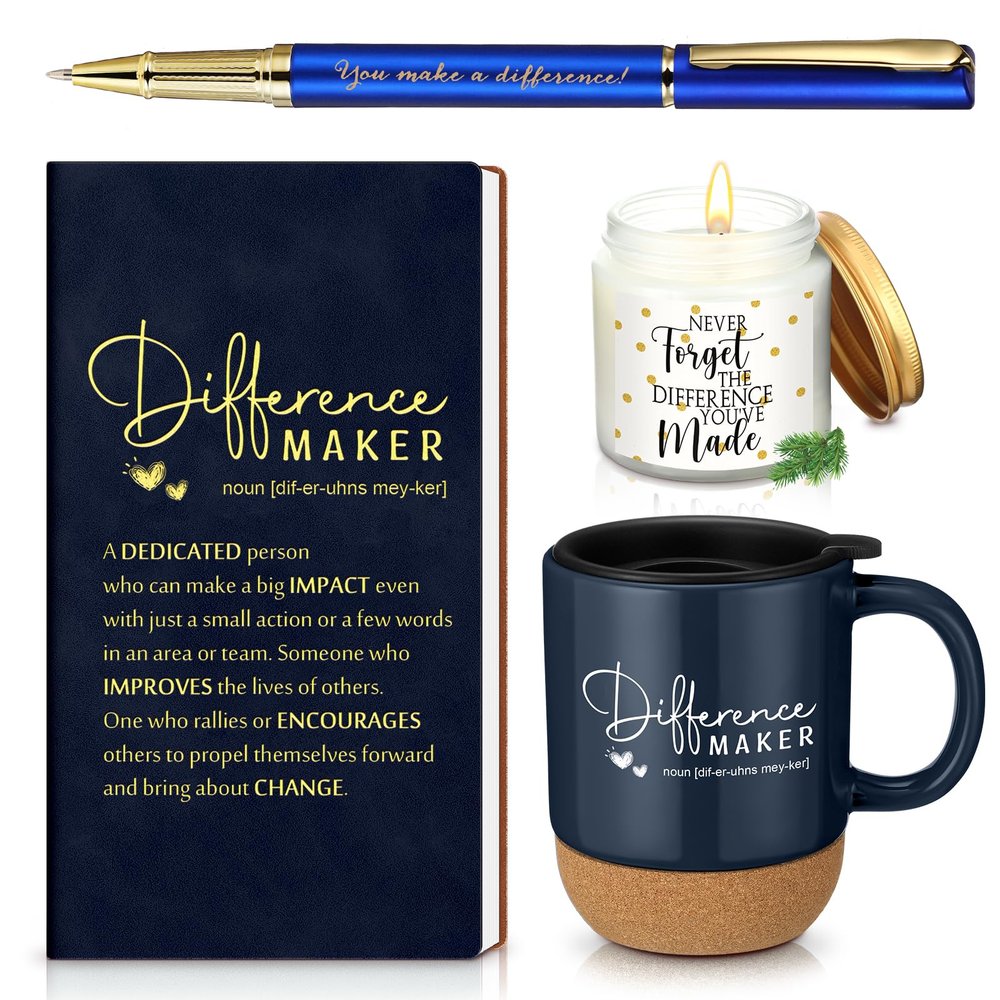 4 Pcs Difference Maker Gift Set Mug Notebook Candle Pen, Navy Blue, Word