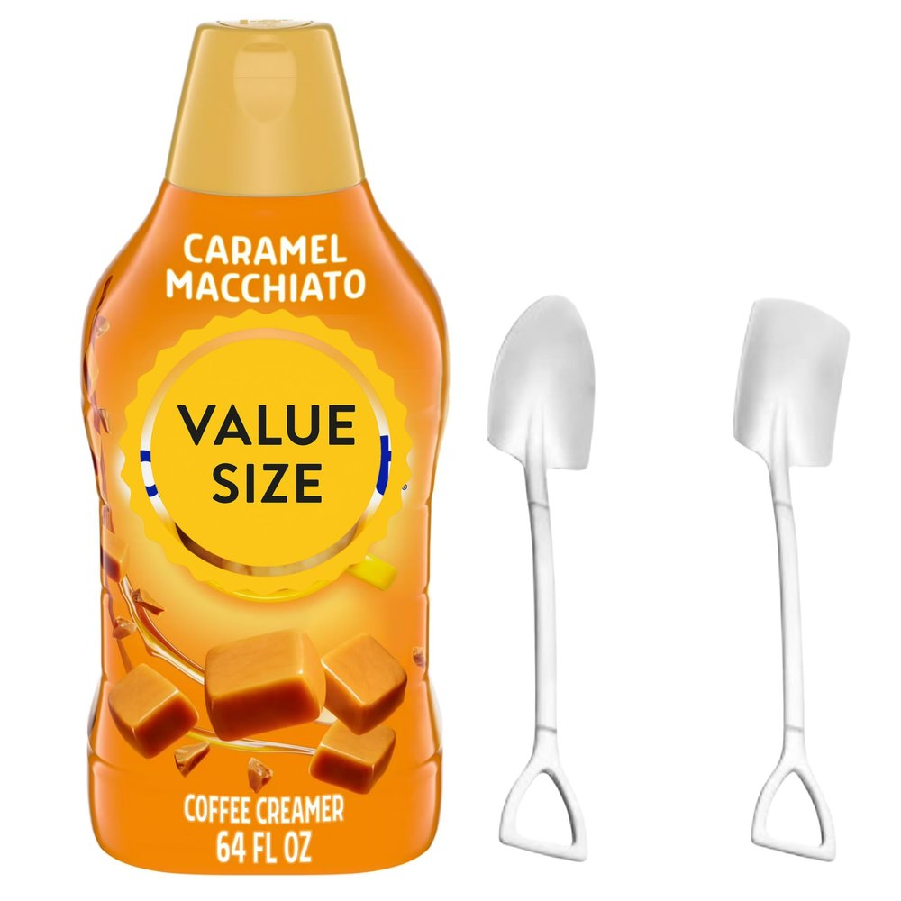 Dumbass Coffee International-Delight Liquid Coffee Creamer, 64 fl oz Bottle of Creamy Smooth Delightful Coffee Creamer and Mini Metal Shovel Spoons (Caramel Macchiato) Shovel Spoons