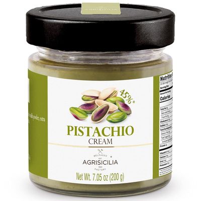 Agrisicilia Pistachio Cream Spread Authentic Italian, 45% Sicilian Pistachios, Glass Jar Perfect for Dubai Chocolate Bars, Pastries, Desserts & Gourmet Recipes (7.05 Oz, 45% Pistachio)