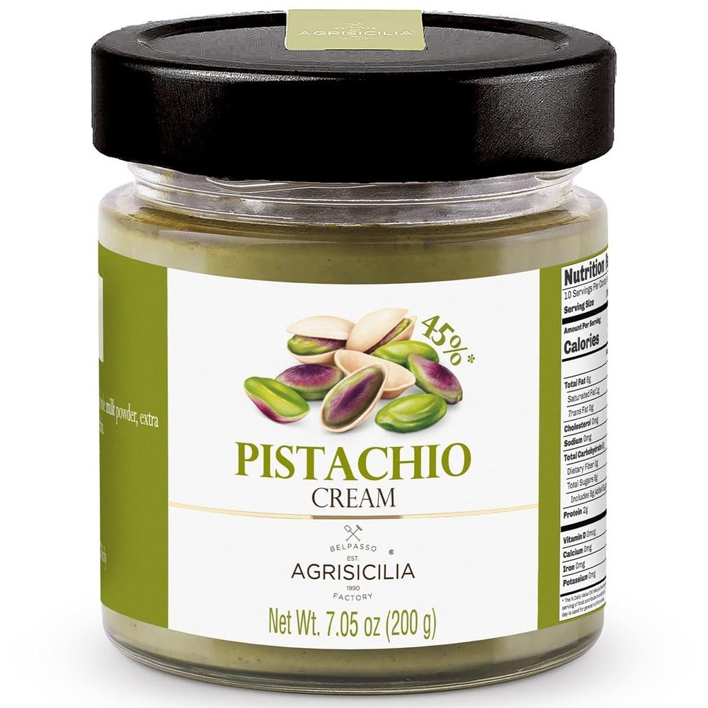 Agrisicilia Pistachio Cream Spread Authentic Italian, 45% Sicilian Pistachios, Glass Jar Perfect for Dubai Chocolate Bars, Pastries, Desserts & Gourmet Recipes (7.05 Oz, 45% Pistachio)