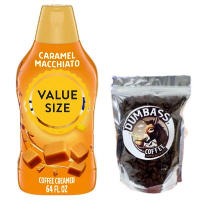 Dumbass Coffee International-Delight Liquid Coffee Creamer, 64 fl oz Bottle of Creamy Smooth Delightful Coffee Creamer and WHOLE Coffee Bean Medium/Dark 2 oz (Caramel Macchiato) Coffee