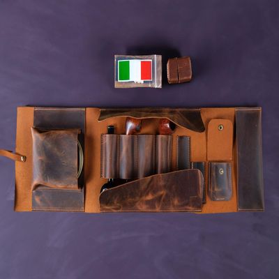 Premium Leather Pipe Roll up Pouch, Handmade 4-Pipe Rollup Bag Complete Set For The Pipe Smoker
