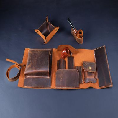 Premium Leather Pipe Roll up Pouch, Handmade 1-Pipe Rollup Bag Complete Set For The Pipe Smoker