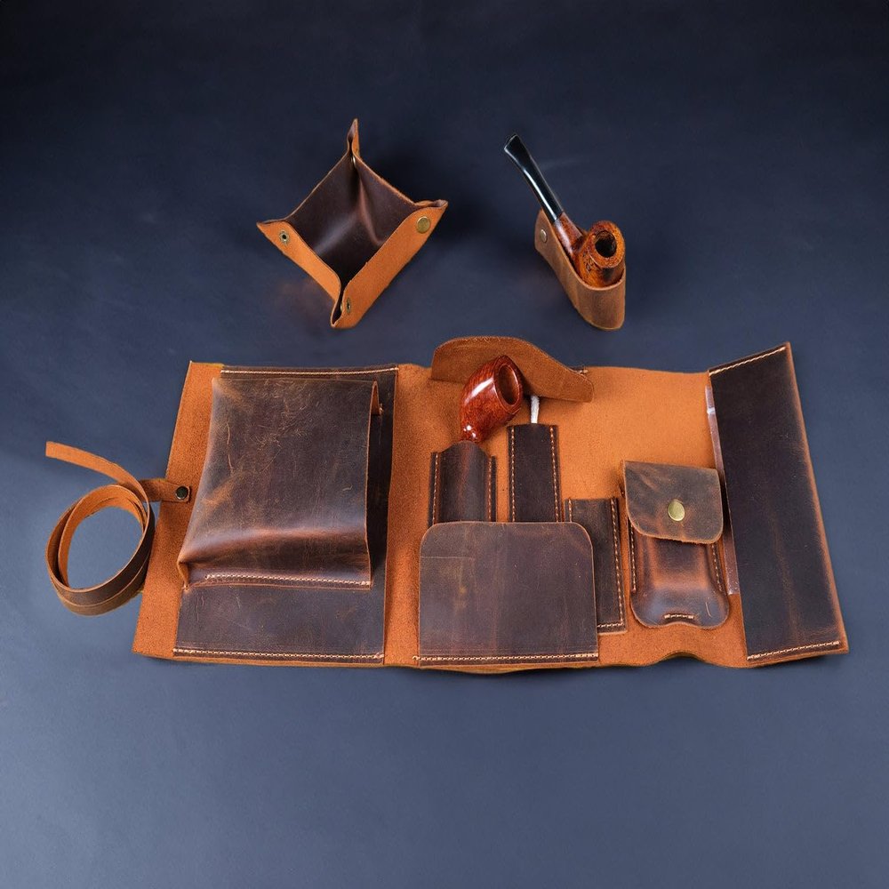 Premium Leather Pipe Roll up Pouch, Handmade 1-Pipe Rollup Bag Complete Set For The Pipe Smoker