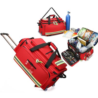 QDKVTNDJZ Rolling EMT Bag with Detachable Trolley, Emergency with Removable Dividers, First Aid Responder Empty for Home Health Nurses, Doctors, EMS(Red)