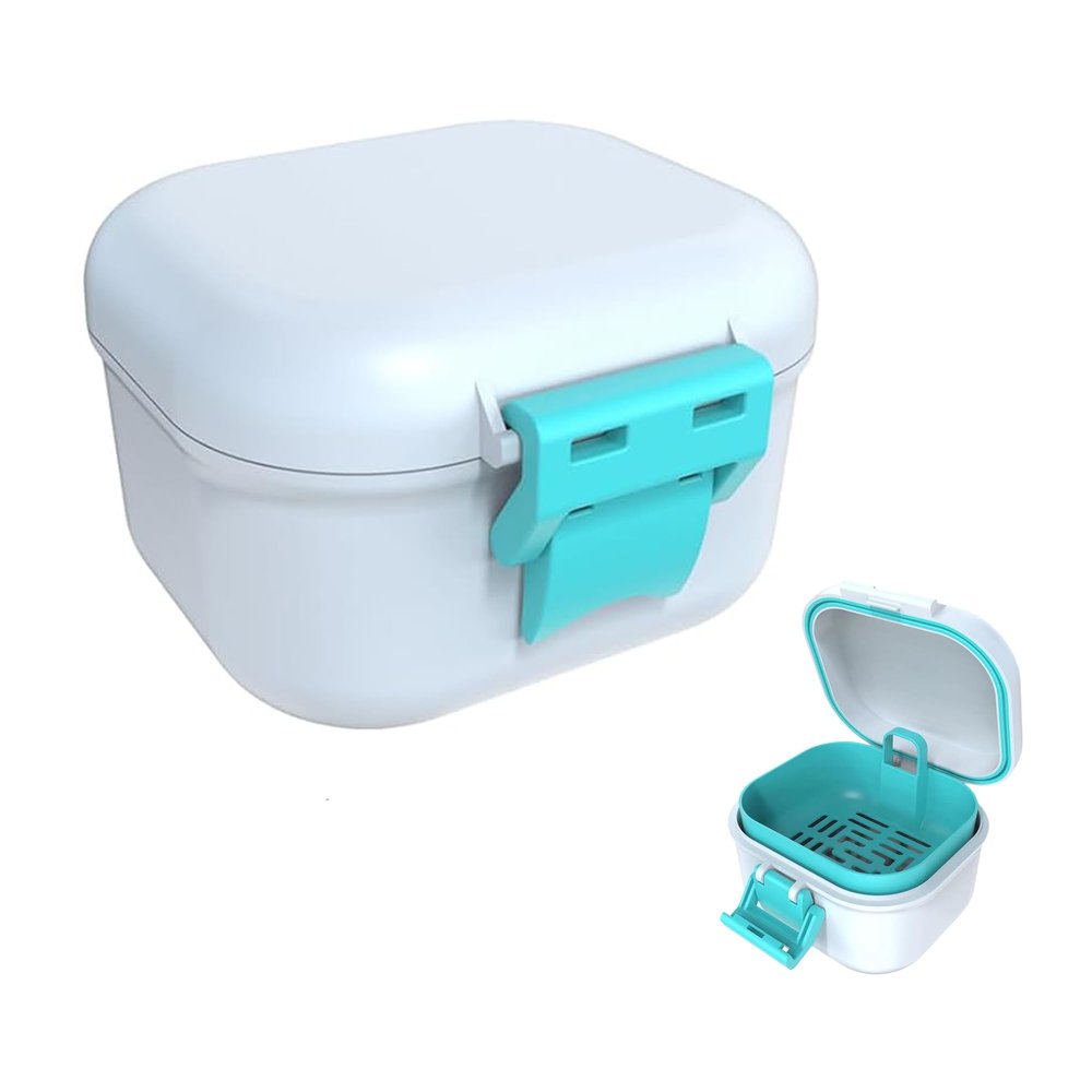 Leak-Proof Denture case: Denture Bath Case with Strainer, Denture Bath Box with Filter, Denture Cup for Soaking Dentures, Travel Retainer Cleaning Case (White+Cyan)