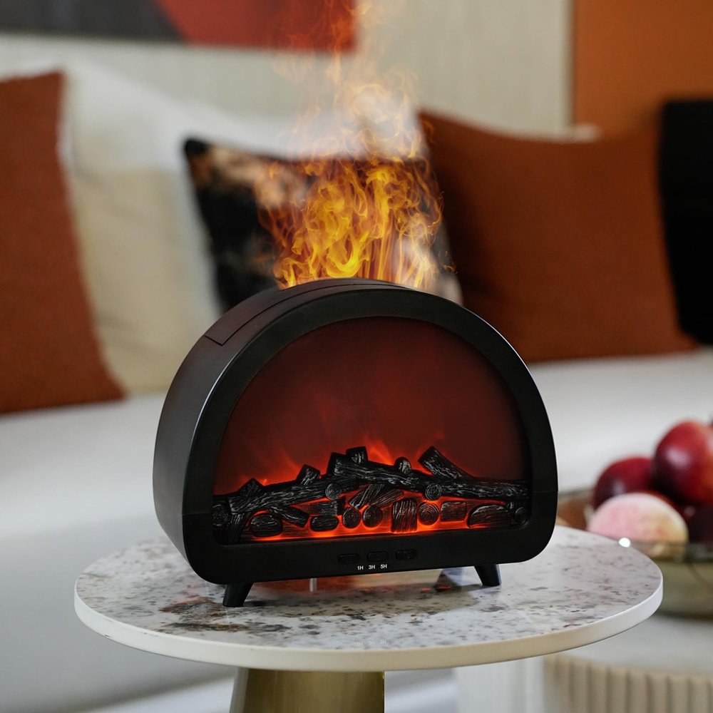 Fireplace Essential Oil Diffuser, Aromatherapy Diffuser, 200ml Ultrasonic Cool Mist Humidifier, 12 Colors Firelight Flame Diffusers with Remote, Auto-Off & Timer for Home,Office,Plants (Black)