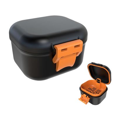 Leak-Proof Denture case: Denture Bath Case with Strainer, Denture Bath Box with Filter, Denture Cup for Soaking Dentures, Travel Retainer Cleaning Case (Black+Orange)